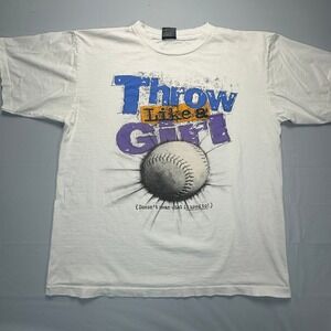 Vintage 90s Big Ball Sports Throw Like a Girl Baseball T-Shirt White XL 1995